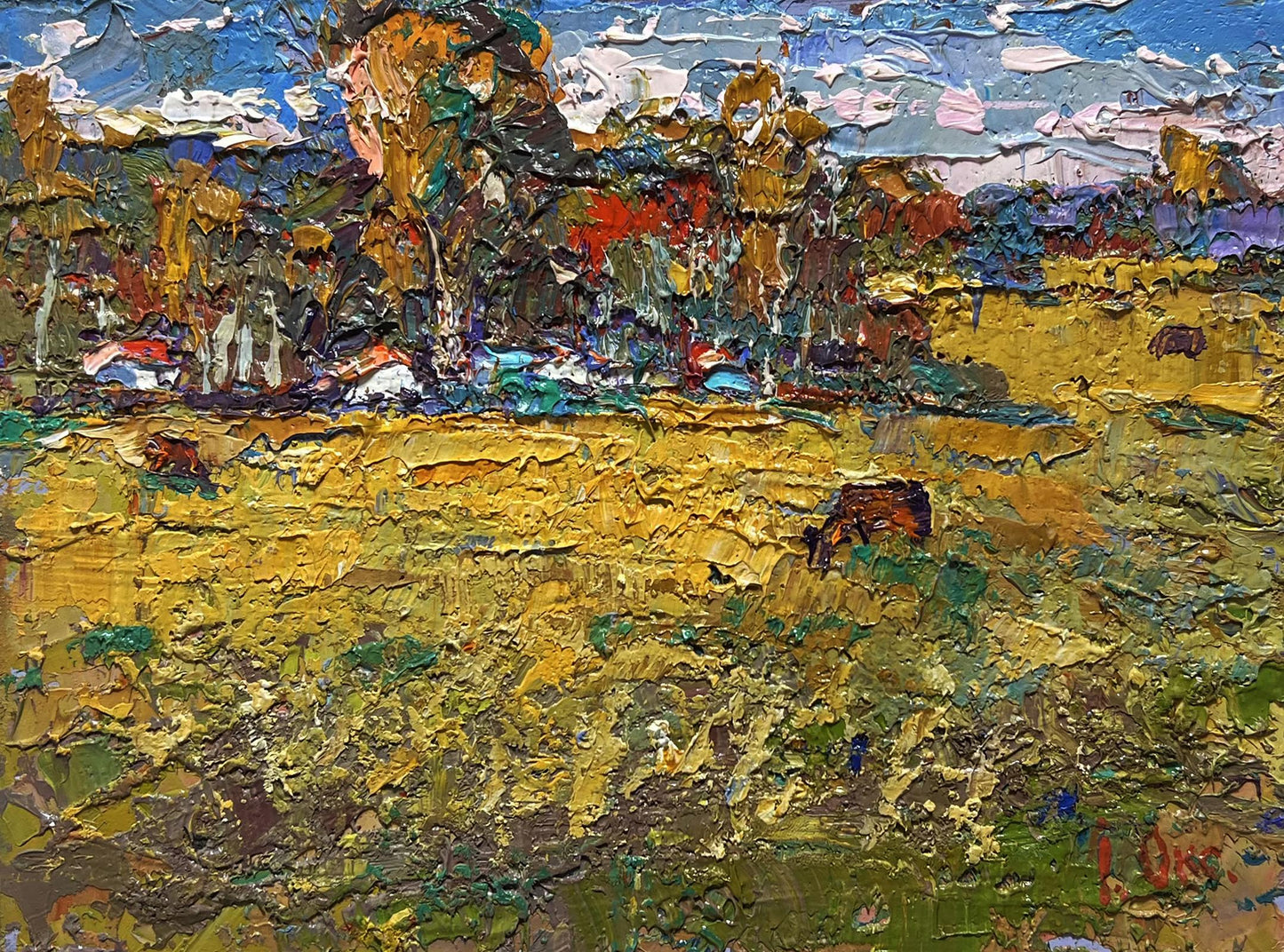 Vibrant impressionistic oil painting On the yellow autumn meadows by Oksana Ivanyuk