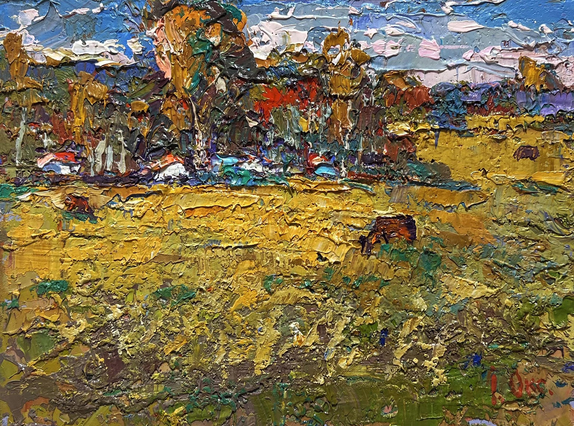 Vibrant impressionistic oil painting On the yellow autumn meadows by Oksana Ivanyuk