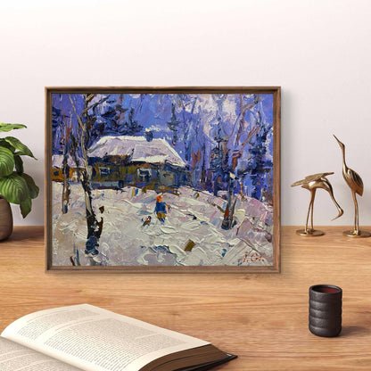 Framed impressionist oil painting of snowy village by Oleksiy Ivanyuk