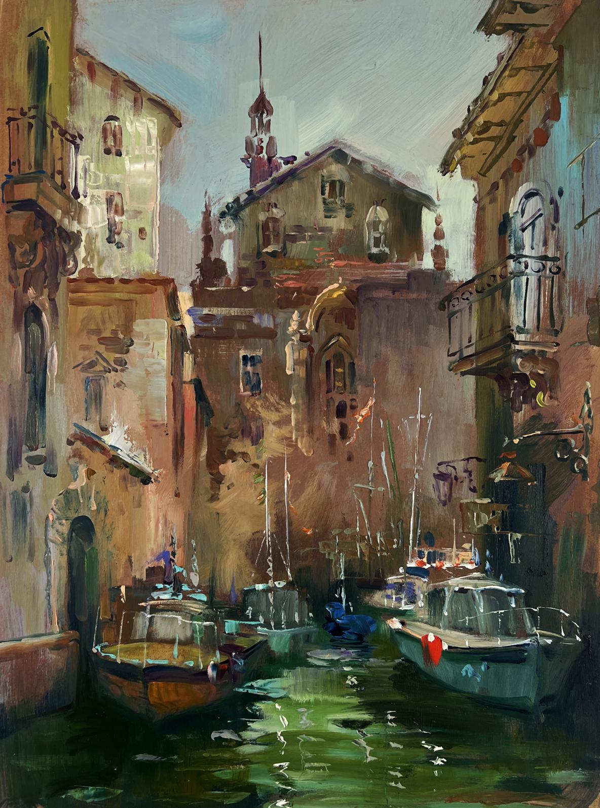 Oil painting of narrow Venetian canal by Yuriy Suprunchuk