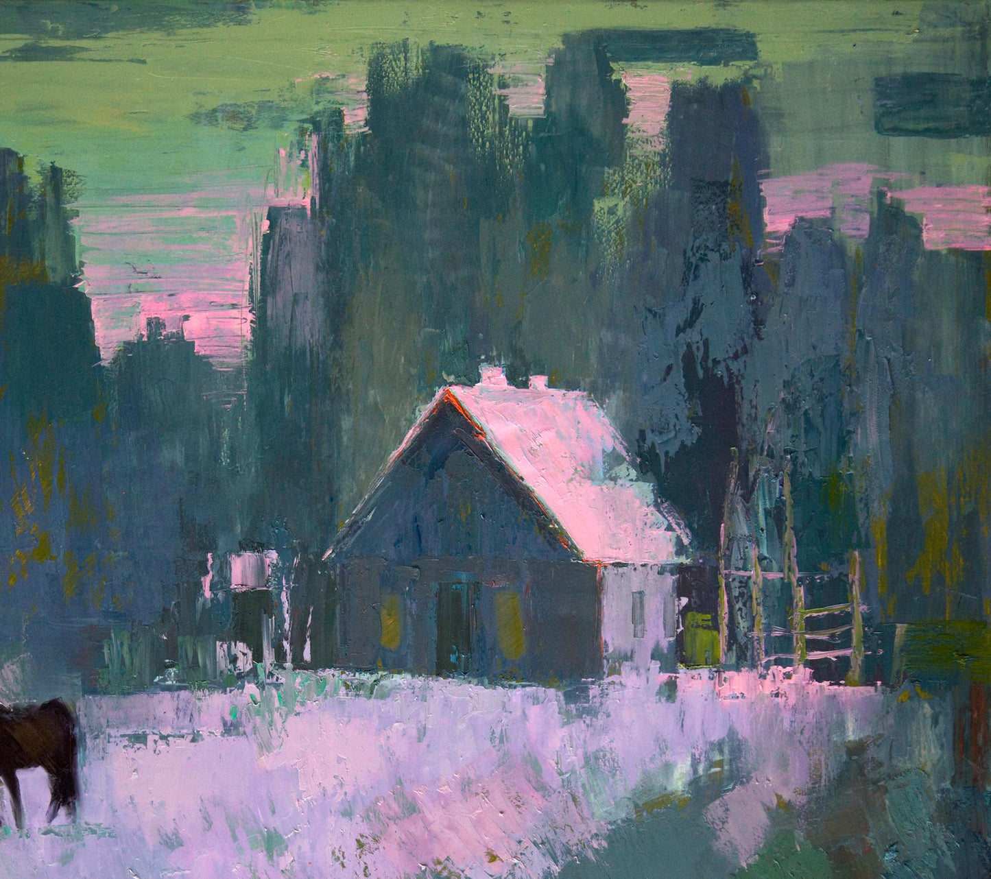 Oil painting Fog in the forest by Natalia Korf-Ivaniuk: rustic house in foggy woods