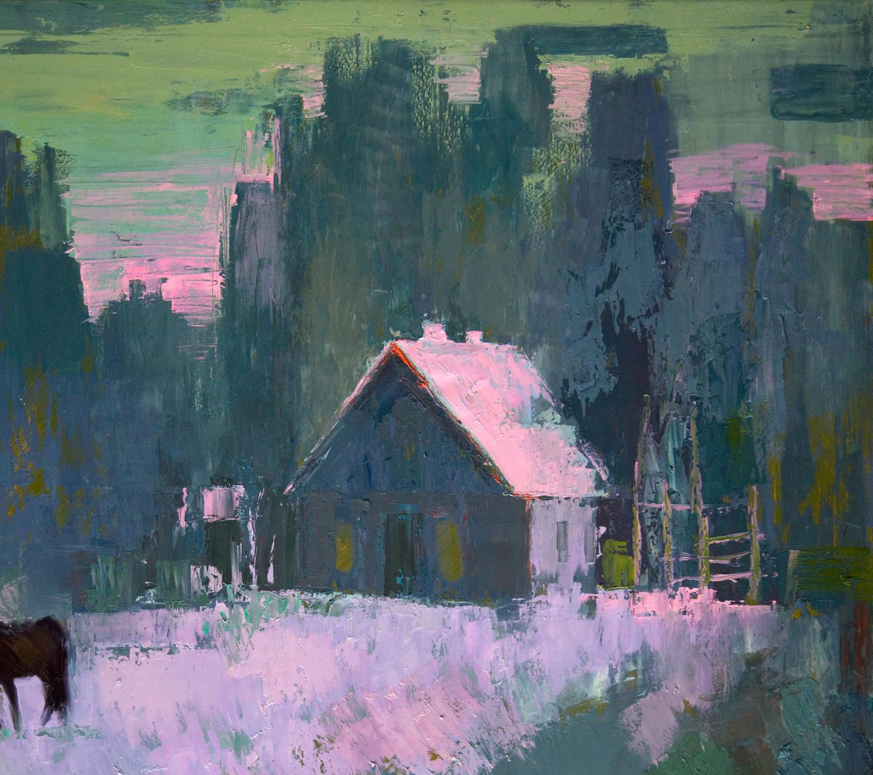 Oil painting Fog in the forest by Natalia Korf-Ivaniuk: rustic house in foggy woods