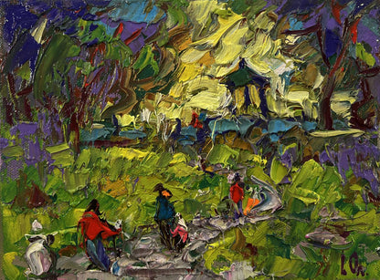 Vibrant impressionist oil painting by Oleksiy Ivanyuk of lush forest park scene
