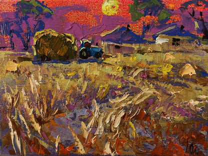 Oil painting Evening village Oleksiy Ivanyuk: blue tractor pulling hay bale in golden field at sunset