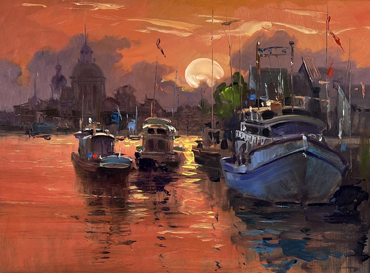 Oil painting Ferry with romantic sunset by Yuriy Suprunchuk
