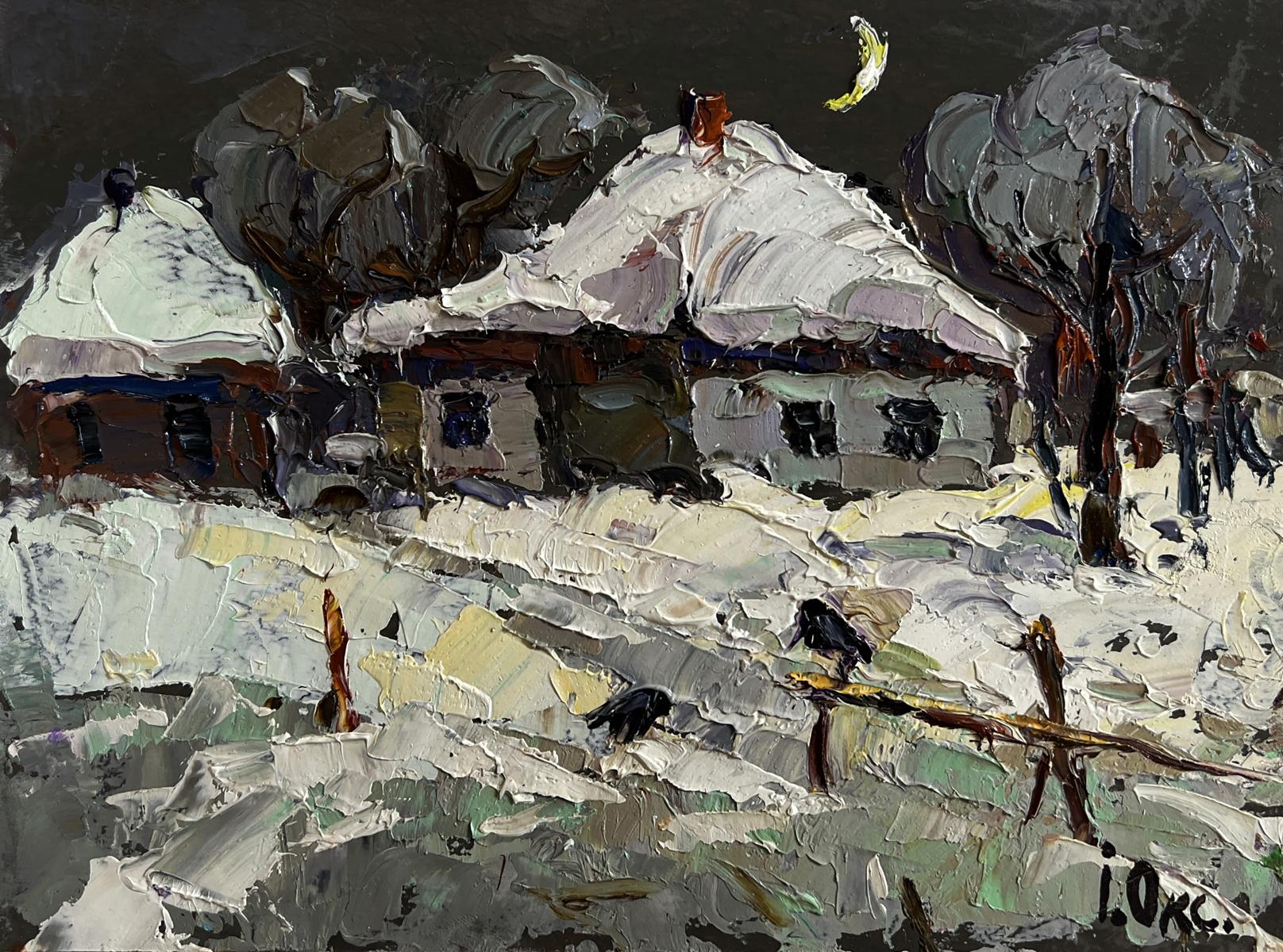 Oil painting by Oksana Ivanyuk: snow-covered houses under crescent moonlit night sky