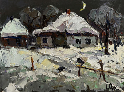 Oil painting by Oksana Ivanyuk: snow-covered houses under crescent moonlit night sky