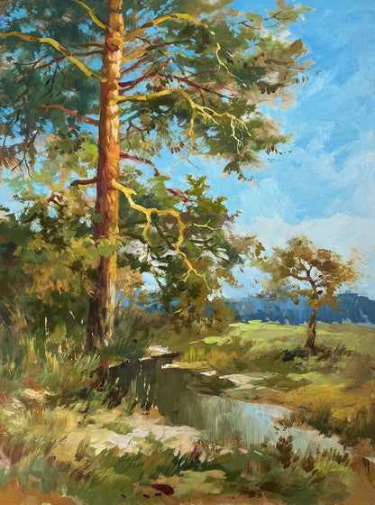 Oil painting of tall pine tree by Yuriy Suprunchuk against blue sky