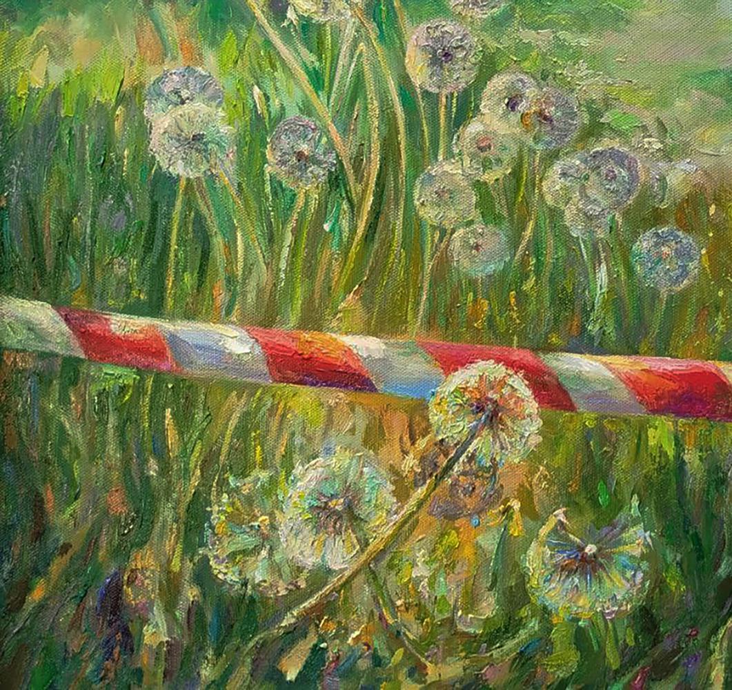 Oil painting by Leonid Pavlenko: dandelions in field with patriotic caution tape
