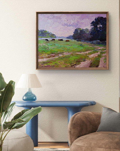 Framed impressionist oil painting of cows in field by Boris Serdyuk