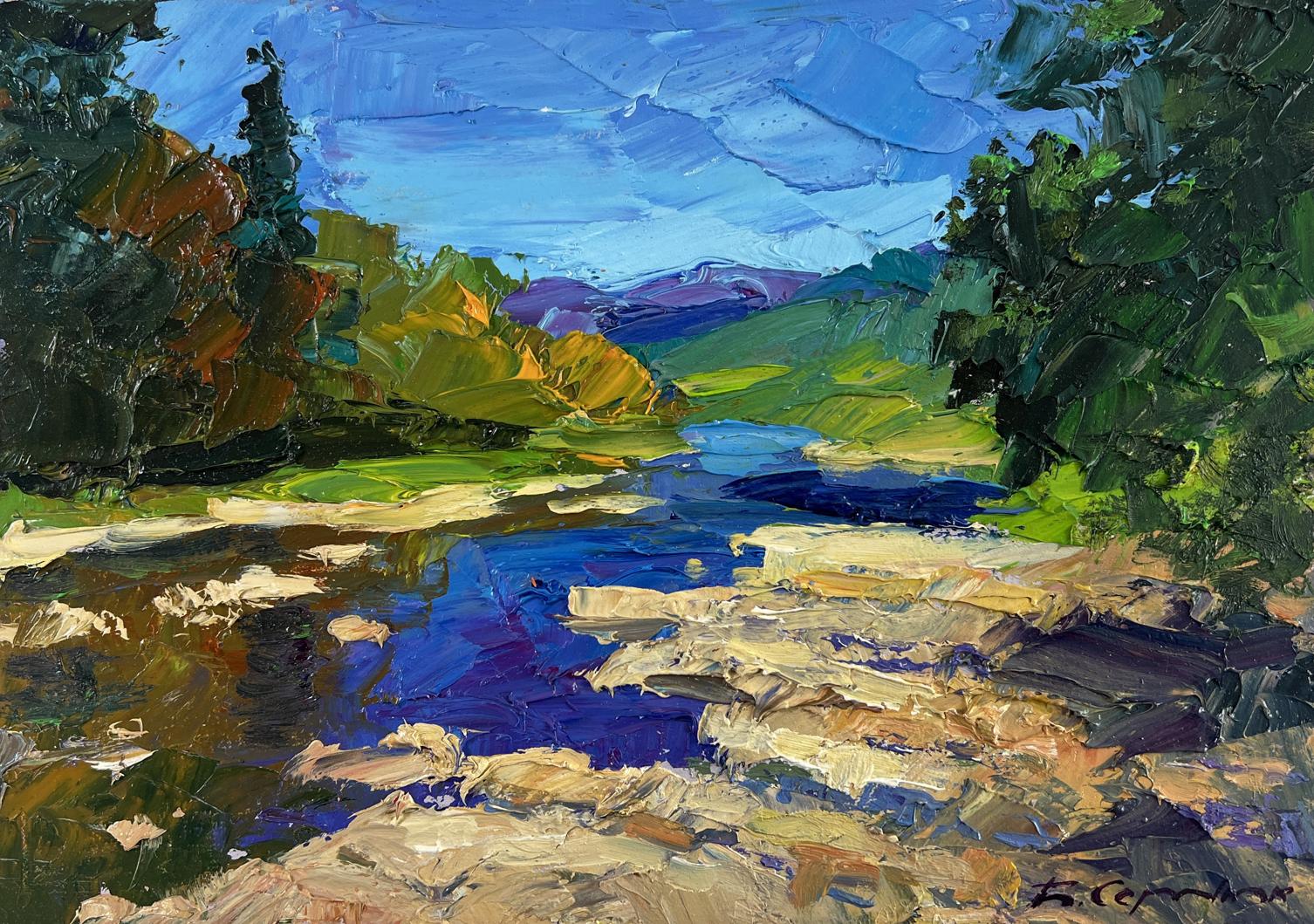 Vibrant impressionist oil painting of river through green hills by Boris Serdyuk