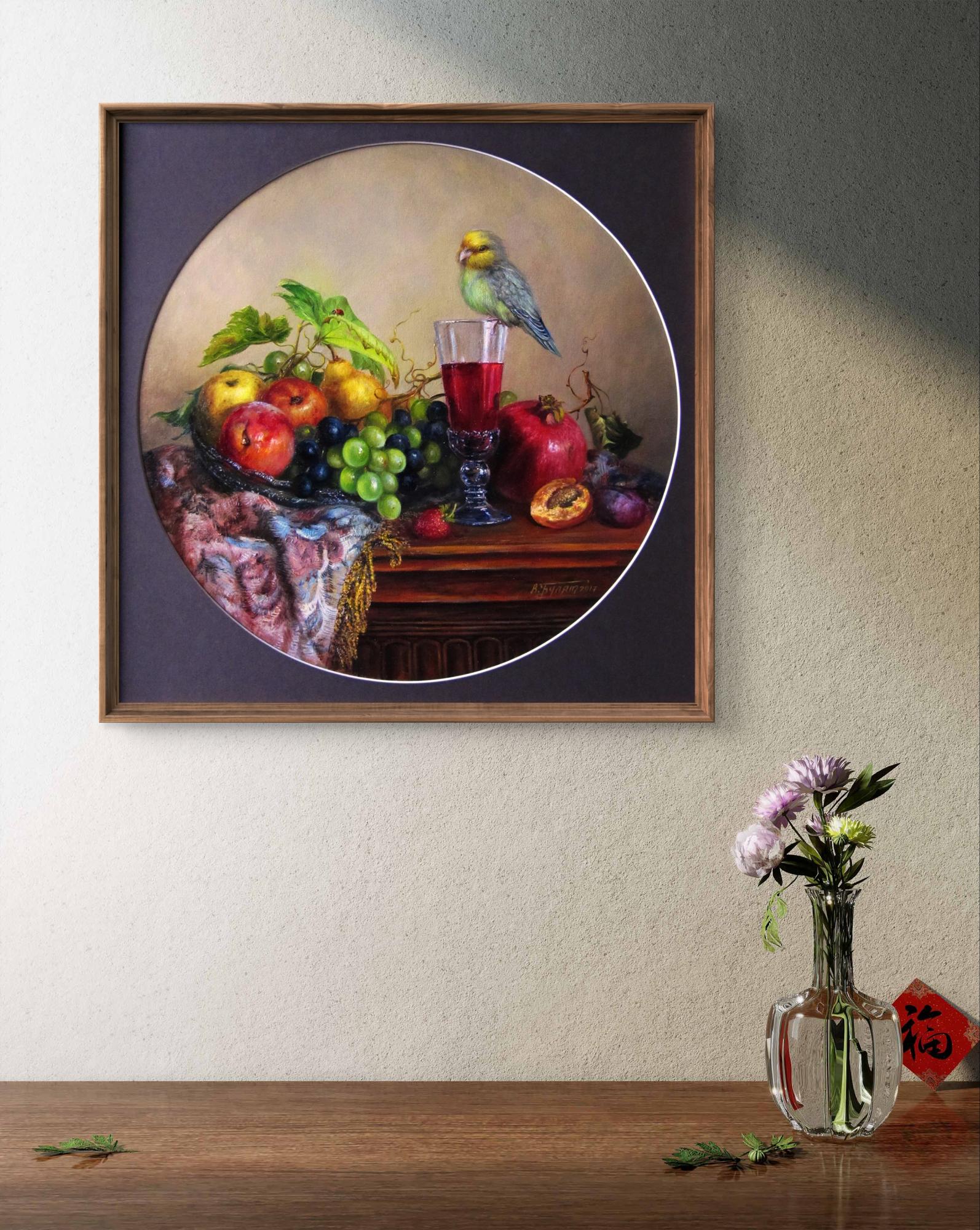 Oil painting Yummy treats Valeriy Bulat: vibrant fruits and bird still life