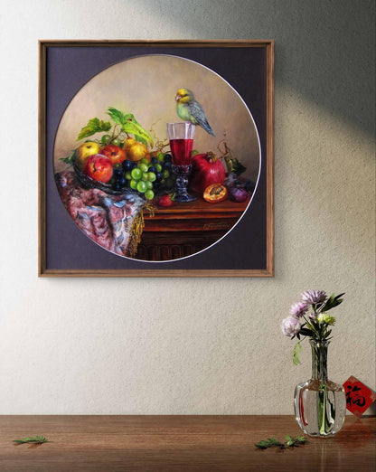 Oil painting Yummy treats Valeriy Bulat: vibrant fruits and bird still life