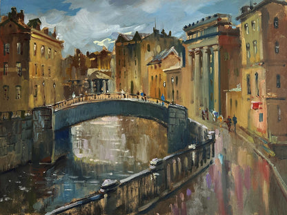 Oil painting of Yuriy Suprunchuk The heart of the city above the river stone arch bridge canal cityscape