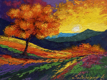 Oil painting Romantic memories of the evening by V. Zadorozhnya, fiery tree sunset