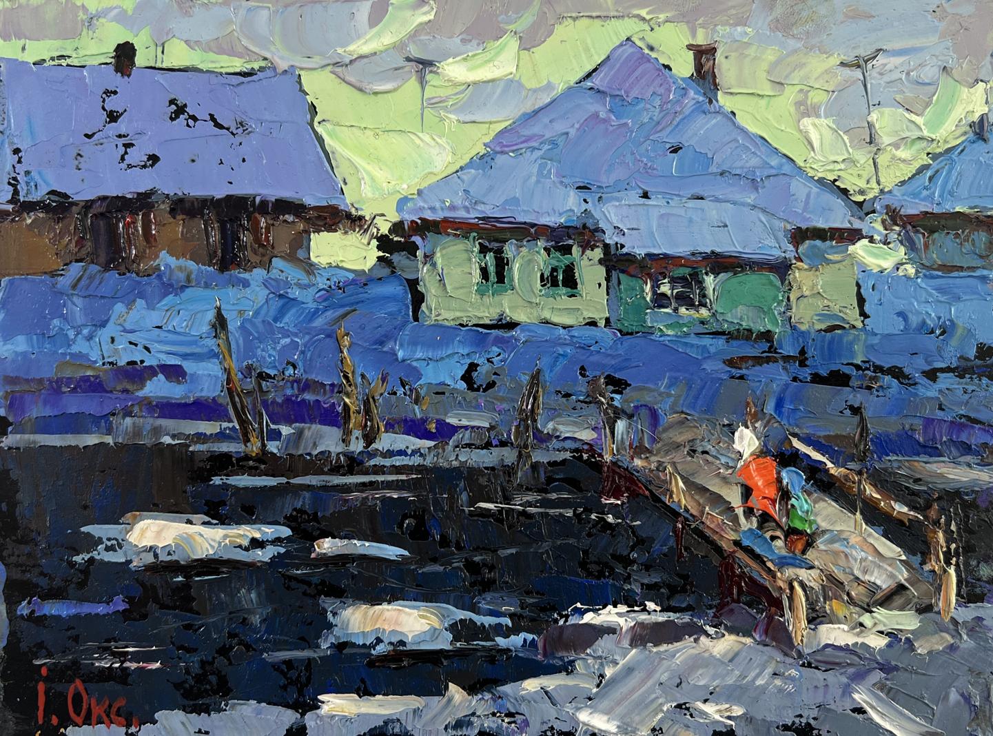 Vibrant impressionistic oil painting of Oksana Ivanyuk snowy village evening light