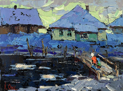 Vibrant impressionistic oil painting of Oksana Ivanyuk snowy village evening light