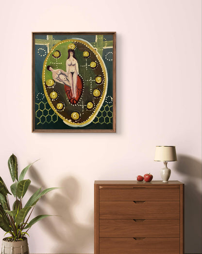 Oil painting of stylized clock with nude figures by Eduard Emelyantsev