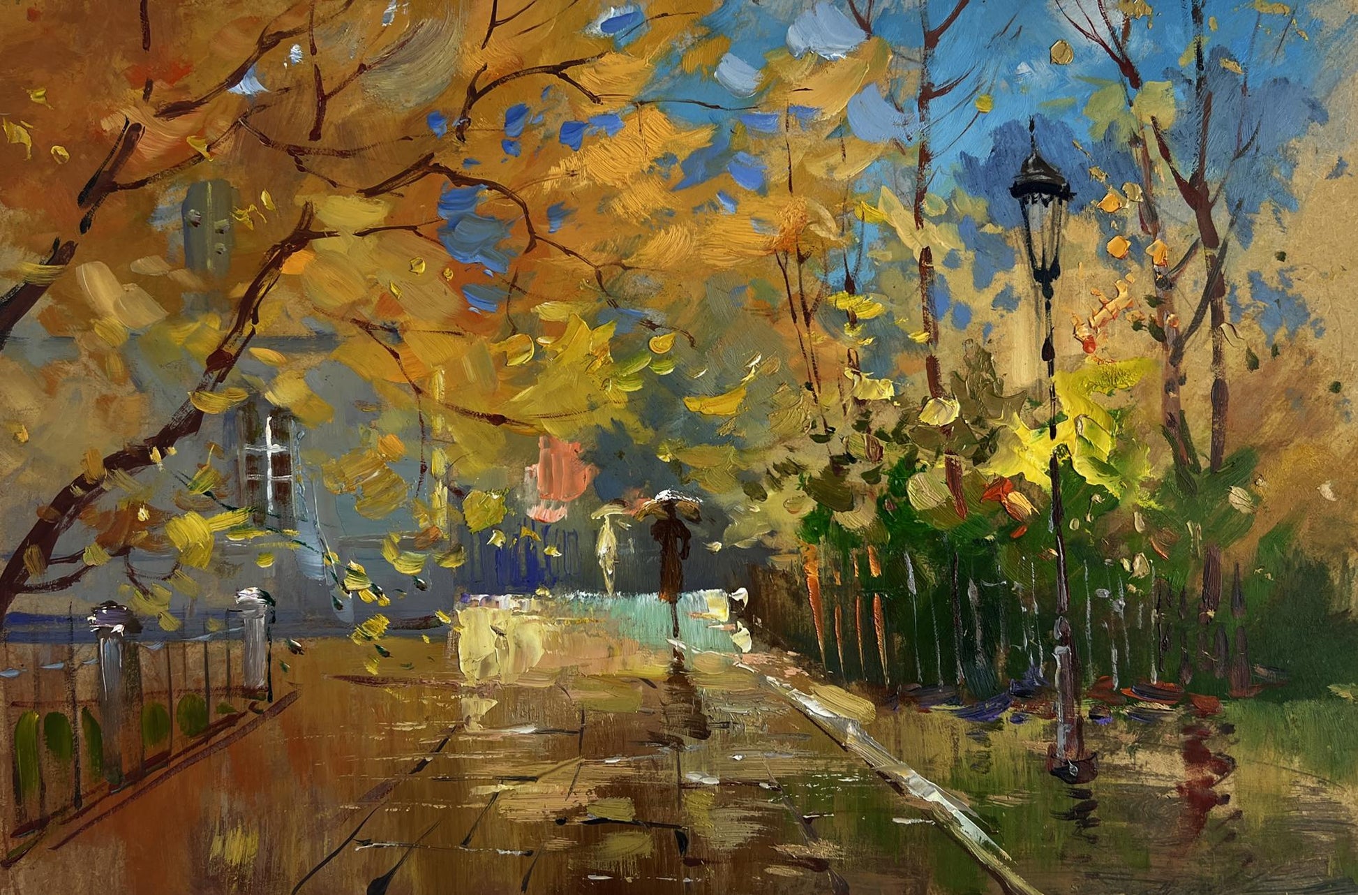 Oil painting by Yuriy Suprunchuk: vibrant autumn street with flying leaves