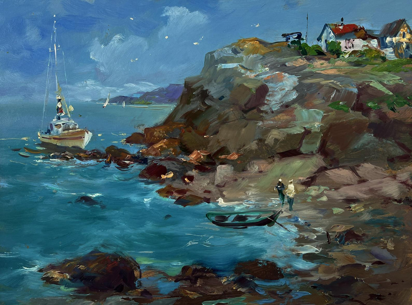 Oil painting Shore with a boat by Yuriy Suprunchuk: white sailboat anchored near rocky shores