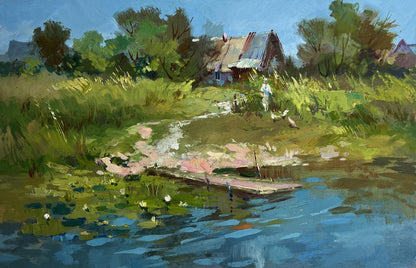 Oil painting The road to the river by Yuriy Suprunchuk with boat and lotus