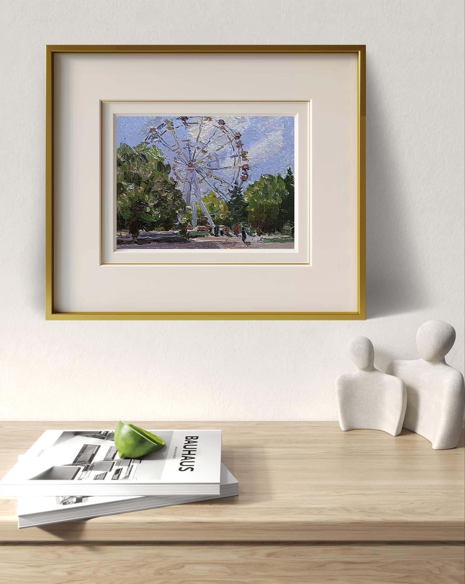 Gold-framed oil painting of Ferris wheel by Yury Konovalov