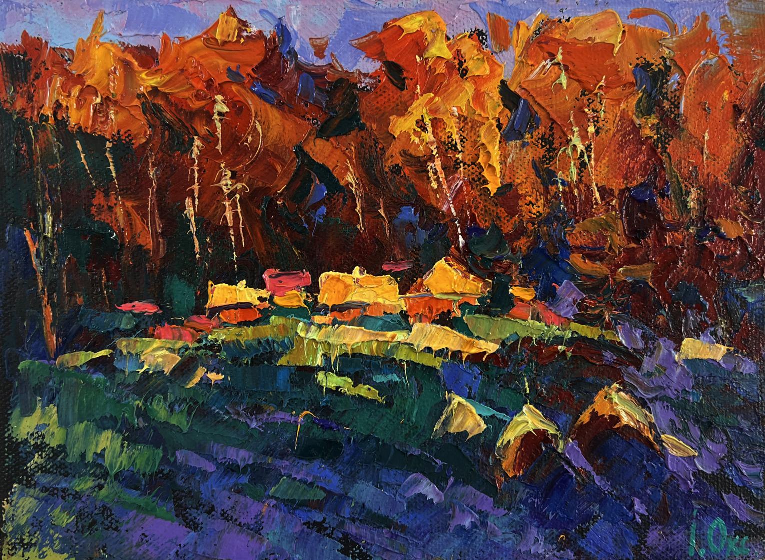 Vibrant impressionist oil painting Fires ignite darkness and silence by Oksana Ivanyuk