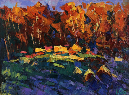 Vibrant impressionist oil painting Fires ignite darkness and silence by Oksana Ivanyuk