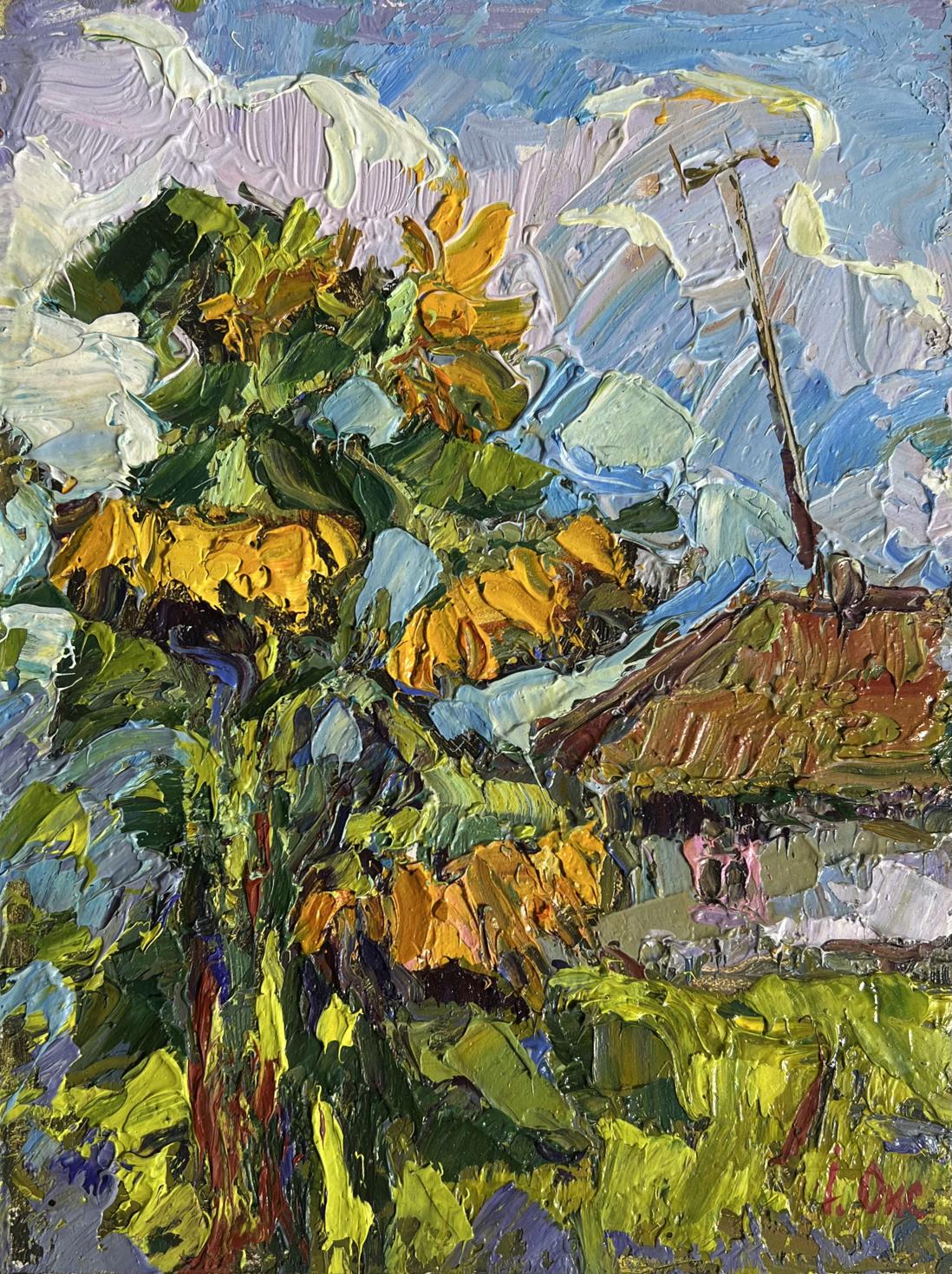 Vibrant yellow sunflowers near house by Oksana Ivanyuk oil painting