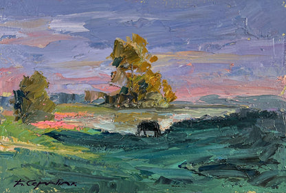 Textured impressionist oil painting by Boris Serdyuk: golden trees, purple skies, green hills