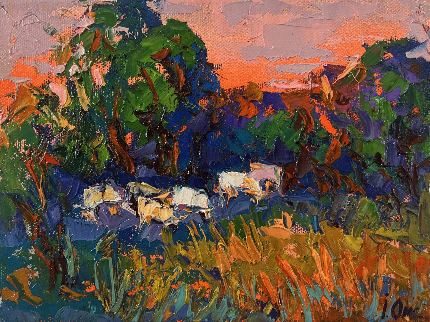 Vibrant impressionist oil painting Forest evening by Oksana Ivanyuk