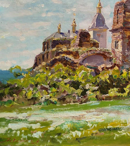 A weathered stone castle with golden domes and arched ruins, partially overgrown by lush green foliage.