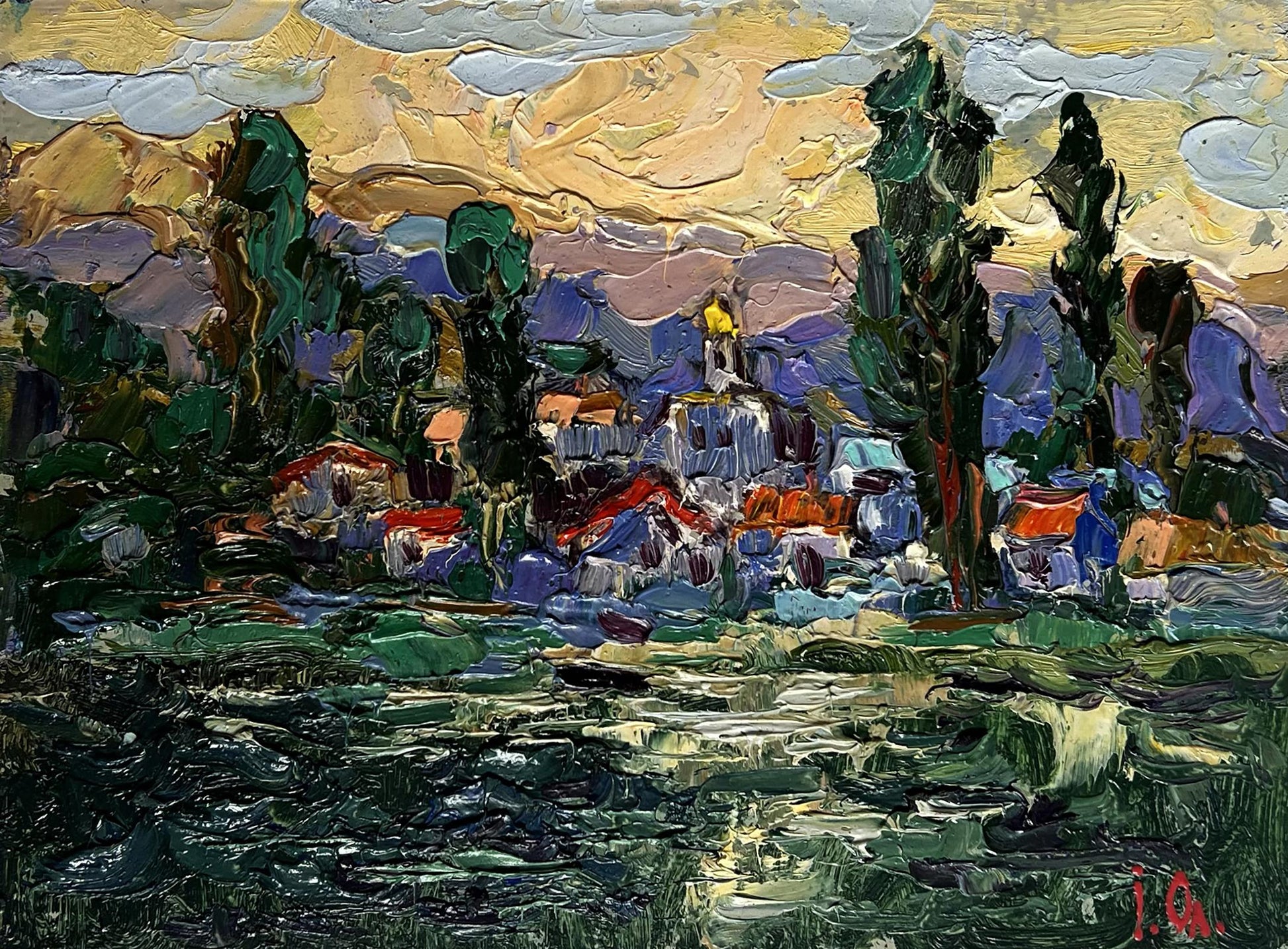 Vibrant impressionist oil painting by Oleksiy Ivanyuk of village among trees