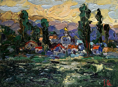 Vibrant impressionist oil painting by Oleksiy Ivanyuk of village among trees