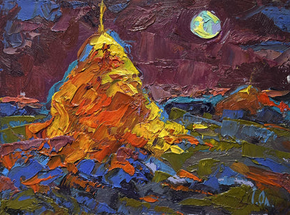 Oil painting Moonlit night in the field by Oleksiy Ivanyuk, golden peak under crescent moon