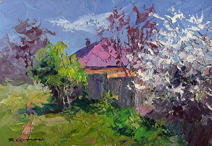 Oil painting Cherry blossom by Boris Serdyuk: rustic house with pink roof