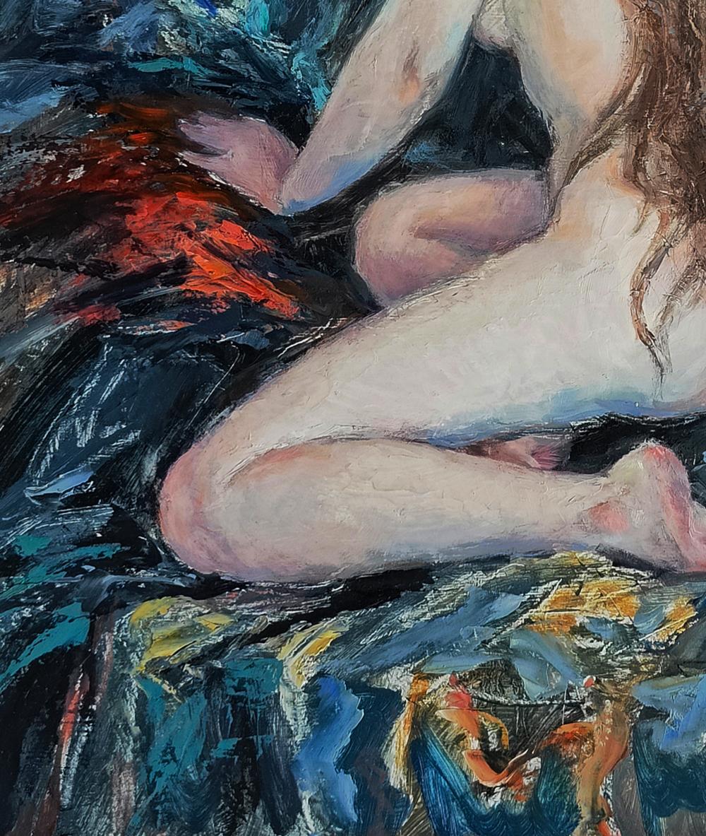 Oil painting portrait of female figure on towel by Oksana Osnach