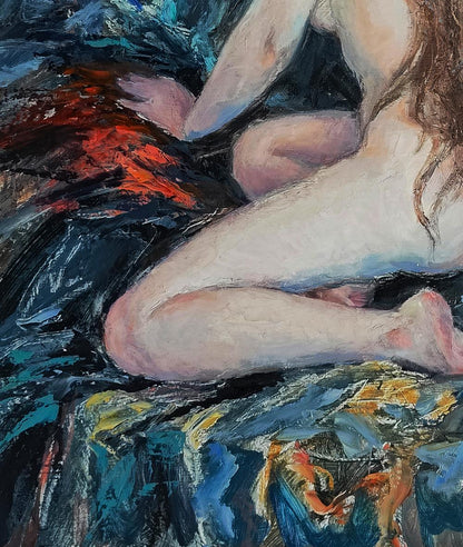 Oil painting portrait of female figure on towel by Oksana Osnach