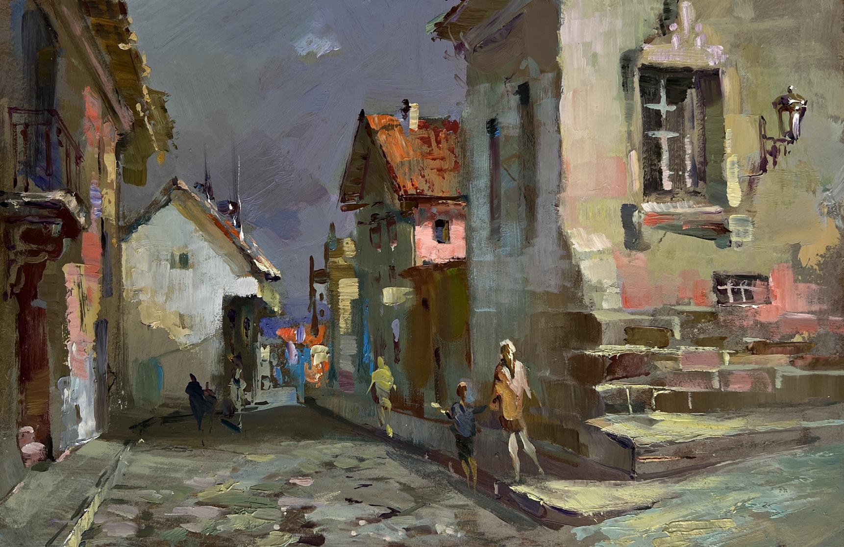 Oil painting by Yuriy Suprunchuk: impressionistic cobblestone street