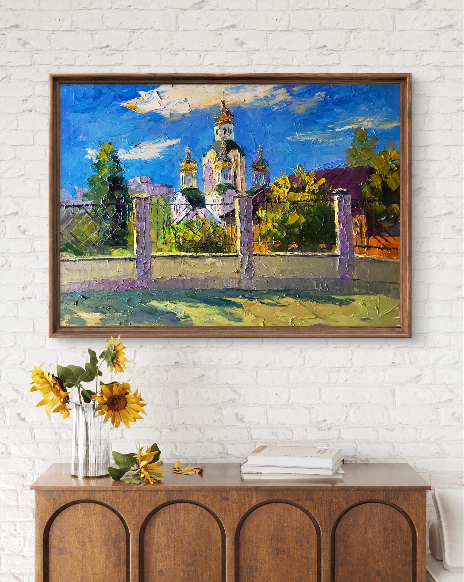 Vibrant impressionist oil painting of Sunny Day of the Church by Boris Serdyuk in wooden frame