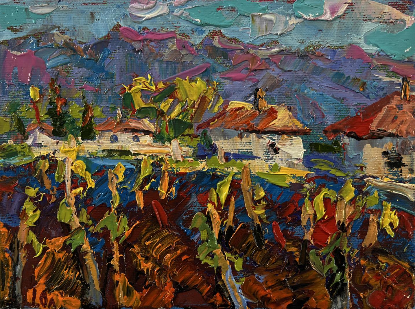 Vibrant impressionist oil painting of Oleksiy Ivanyuk clean village air among hills
