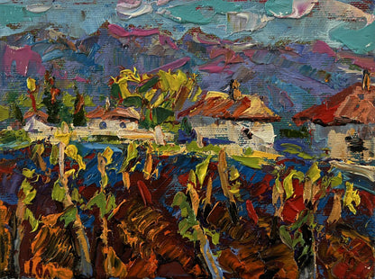 Vibrant impressionist oil painting of Oleksiy Ivanyuk clean village air among hills