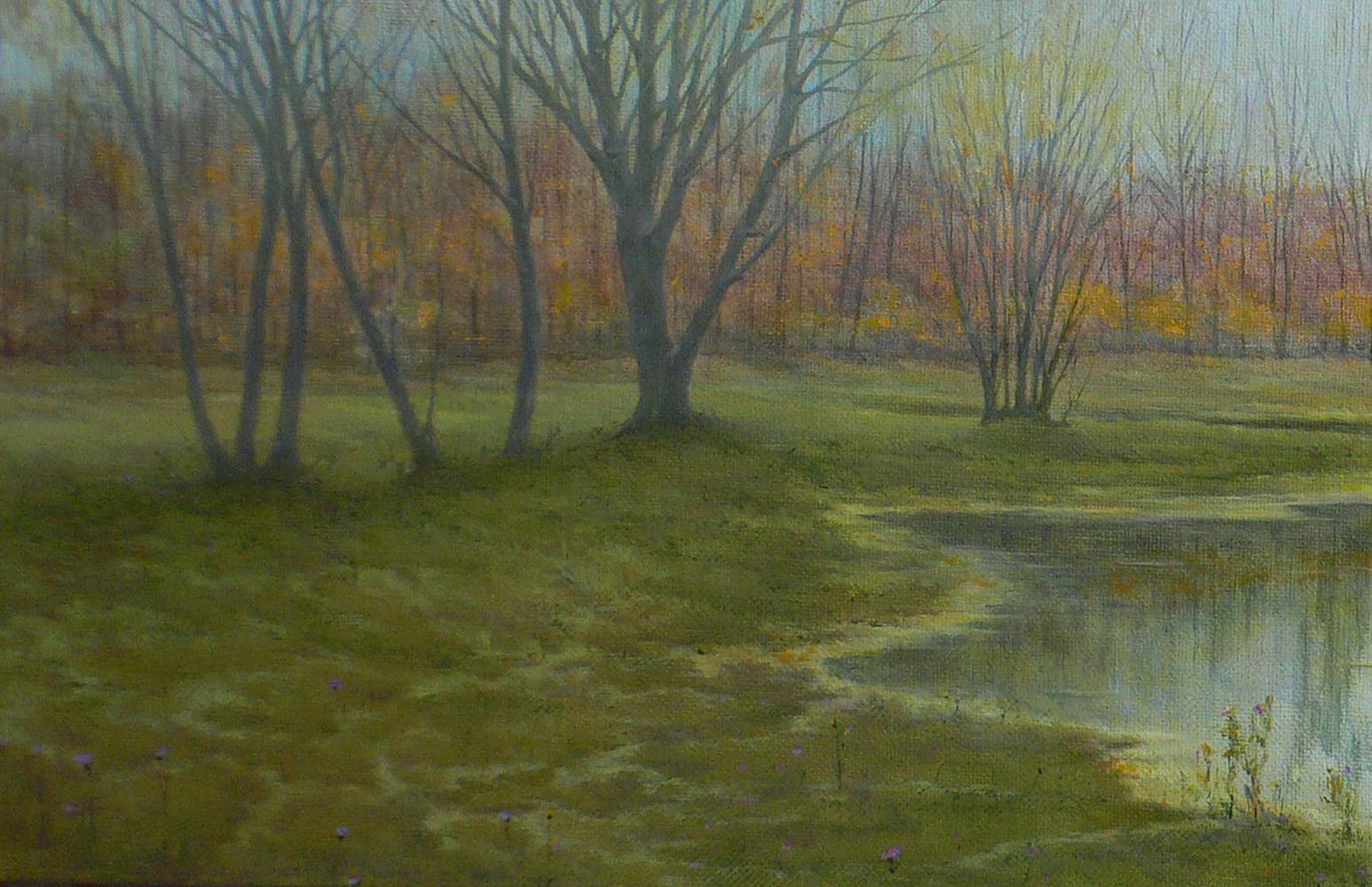 Oil painting of autumnal forest with bare trees and reflective pond by Vasily Korkishko