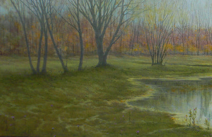 Oil painting of autumnal forest with bare trees and reflective pond by Vasily Korkishko