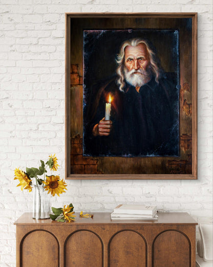 Framed oil painting Old Mirror Valeriy Bulat elderly man with candle