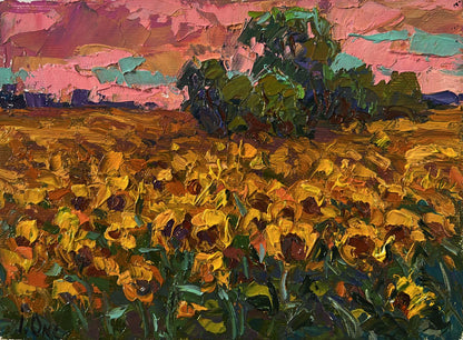Vibrant impressionist oil painting Evening sunflowers by Oksana Ivanyuk