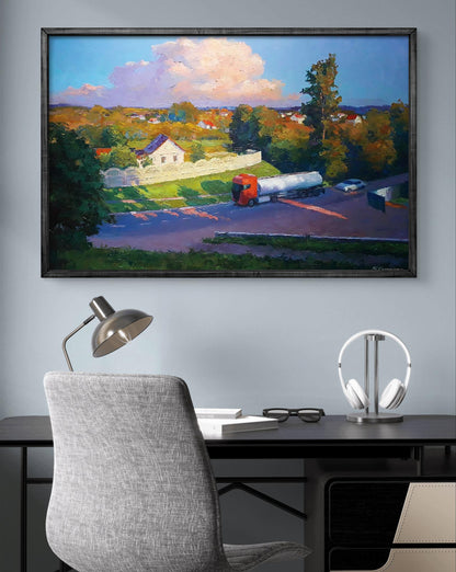 Oil painting Evening city by Boris Serdyuk: rural landscape with orange tanker