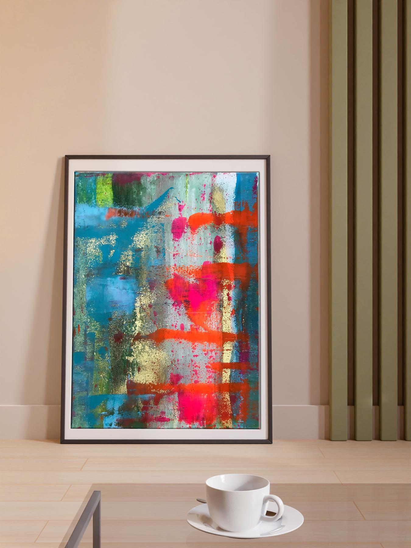 Holiday vibrant abstract painting in black frame with blue red gold strokes