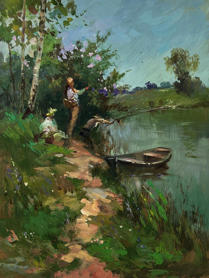 Oil painting by Yuriy Suprunchuk: rowboat on calm greenish water by grassy shore
