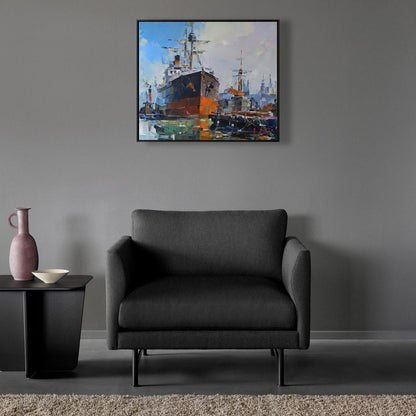 Dark gray upholstered armchair with black legs by Volodymyr Gluhomanyuk